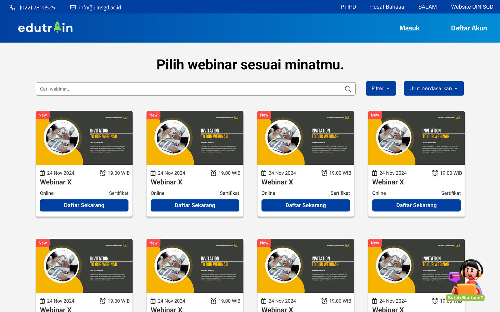 Katalog webinar dengan penyaringan dan pencarian.